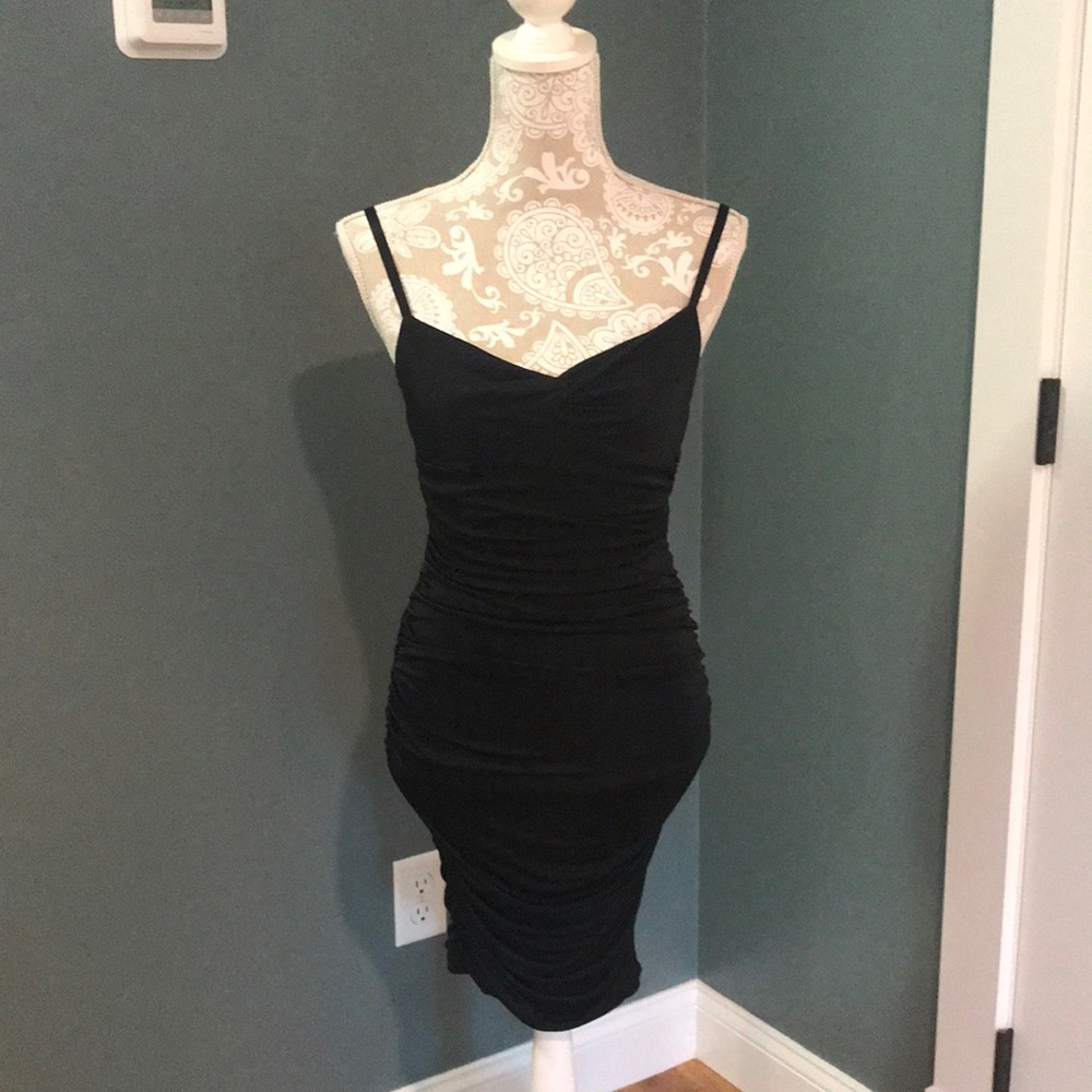Marciano ruched black cocktail dress